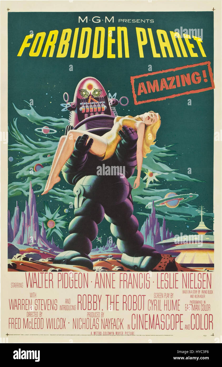 Affiche vintage pour le film de science-fiction de 1956 « Forbidden Planet », présentant des images emblématiques du film classique. Banque D'Images