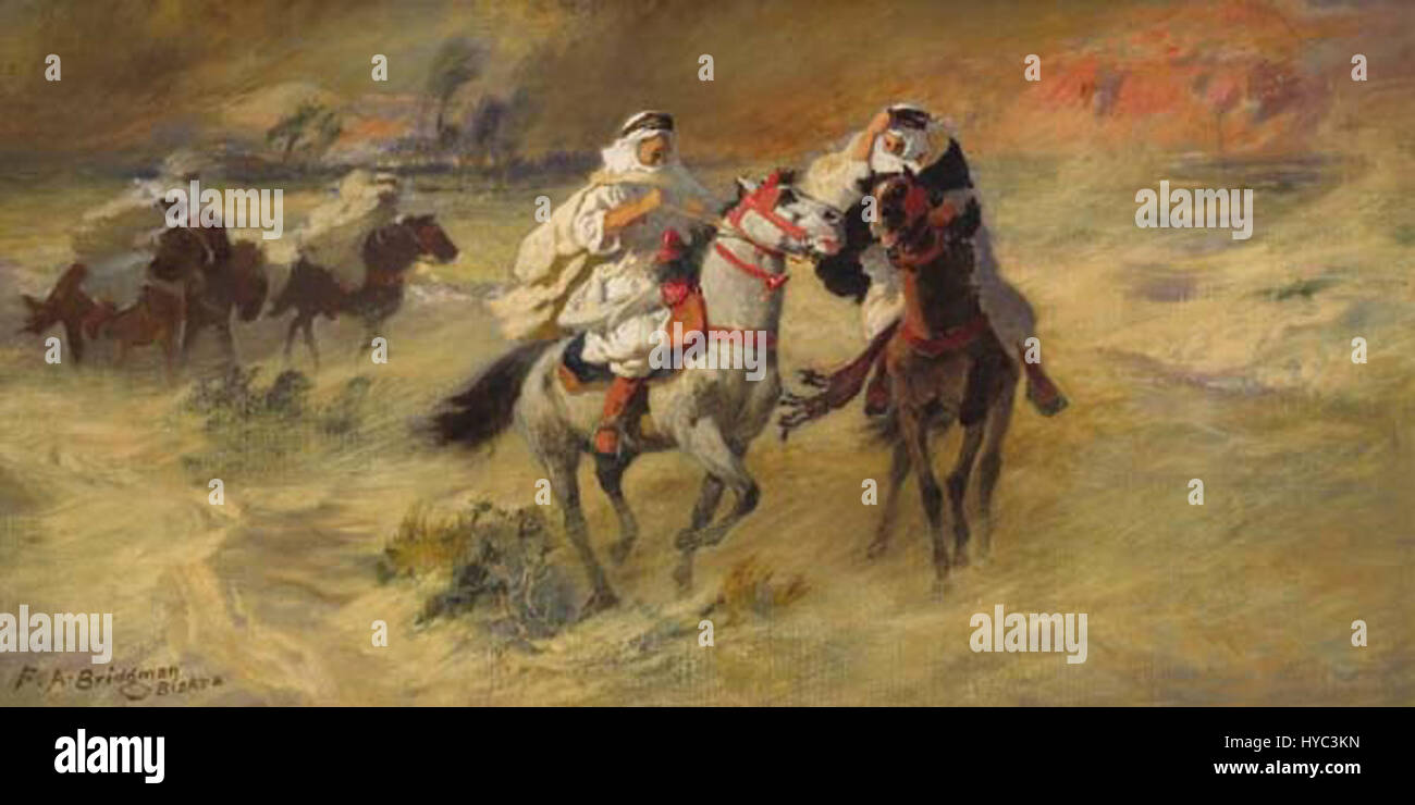 « Sandstorm in Biskya » de Frederick Arthur Bridgman capture la scène dramatique d'une tempête de sable dans le désert du moyen-Orient, mettant en valeur l'habileté de l'artiste à décrire l'environnement difficile et les effets atmosphériques. Banque D'Images
