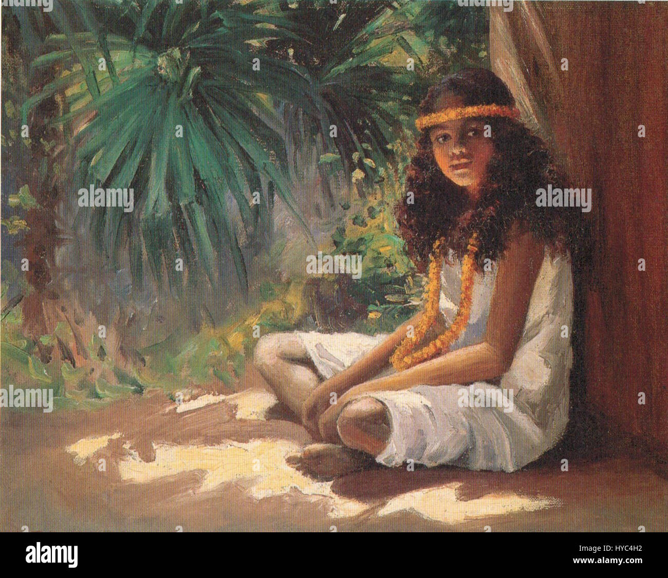 Le Portrait d'une fille polynésienne d'Helen Thomas Dranga est une huile sur toile datant d'environ 1910, mettant en valeur l'habileté de l'artiste à capturer les traits du sujet et sa tenue culturelle. Banque D'Images