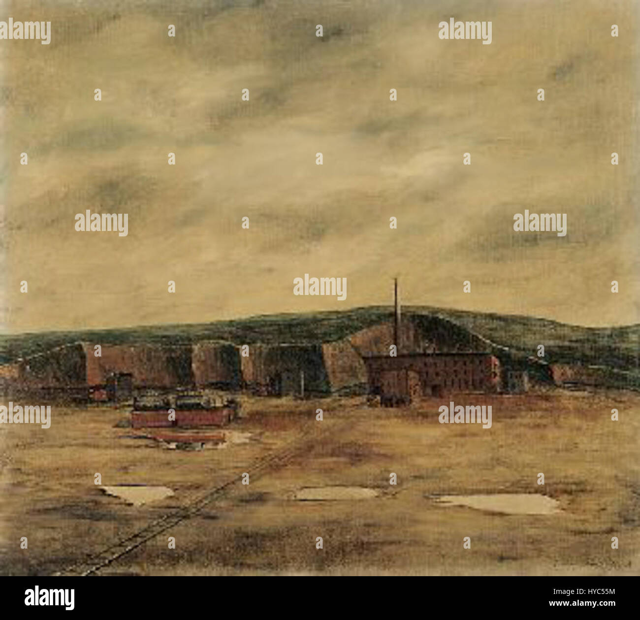 'Fabriklandschaft' (paysage d'usine) de Joachim Ringelnatz, peint en 1928, capture une scène industrielle, reflétant l'essor des usines et de l'urbanisation au début du XXe siècle. Le style de Ringelnatz allie expressionnisme et modernité, dépeignant le paysage industriel animé avec des lignes audacieuses et des contrastes de couleurs vifs. Banque D'Images
