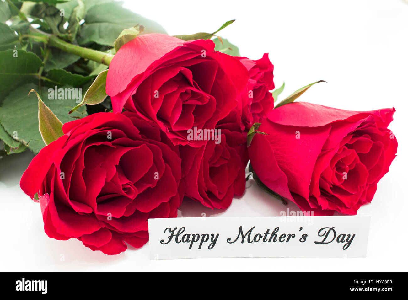 Bonne Fête des mères, carte de souhaits, avec bouquet de roses rouges sur fond blanc. Banque D'Images