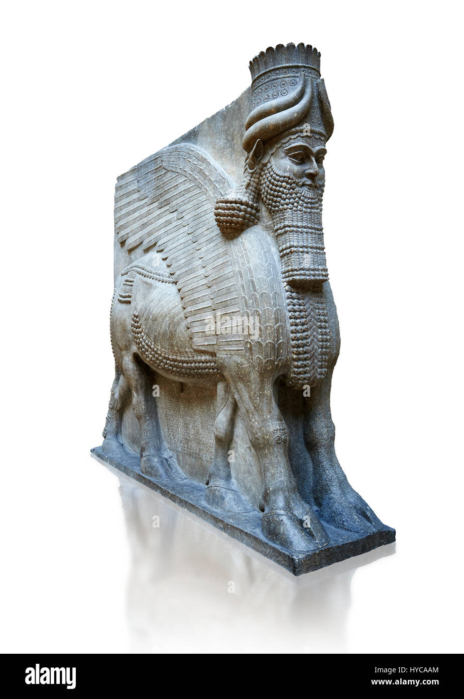 Statue de pierre d'un taureau ailé. À partir de la porte de la ville n° 3, AO Inv 19859 Sharrukin Dur de le palais du roi assyrien Sargon II à Khorsabad, 713-706 BC. Banque D'Images