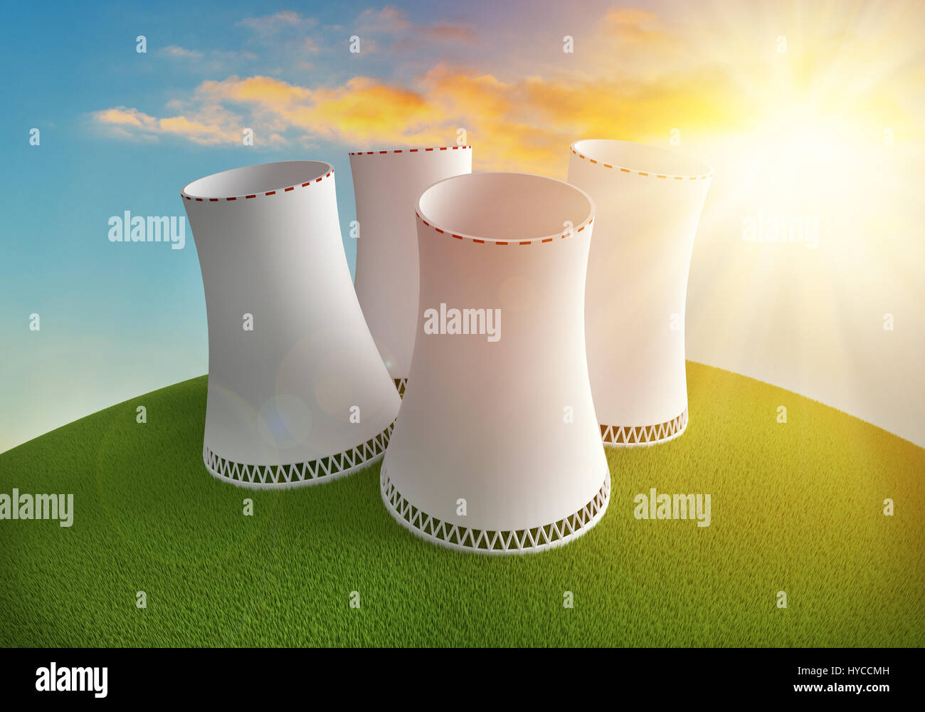 Centrale nucléaire sur la terre simple avec de l'herbe sous le coucher du soleil. Rendu 3d illustration. Banque D'Images