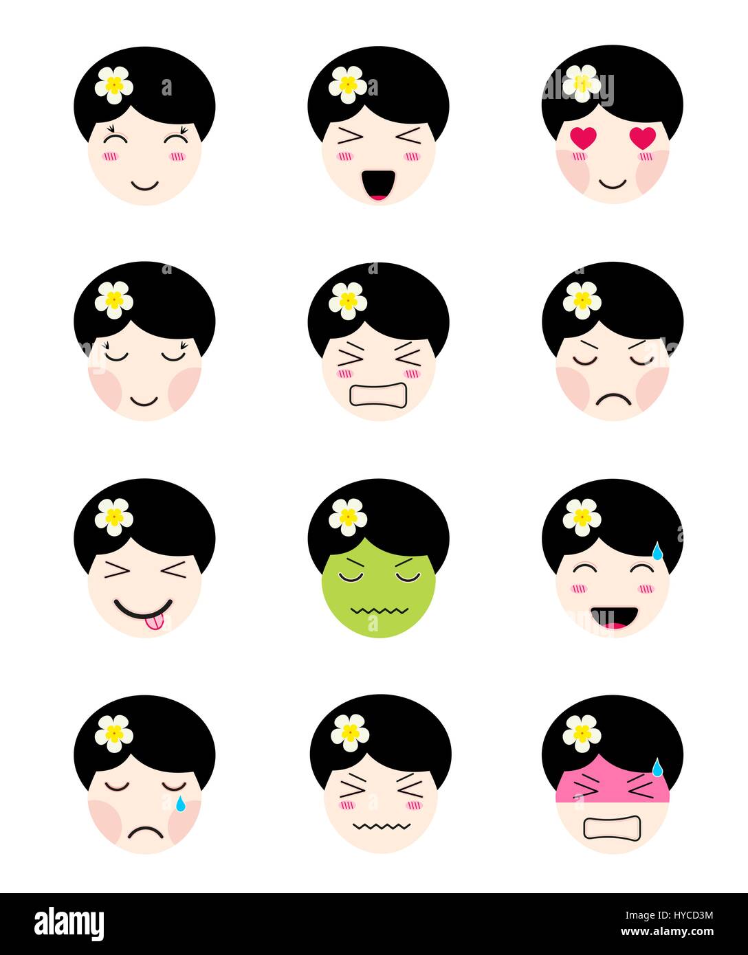 Cute collection emoji. Kawaii asian girl face à différentes humeurs Illustration de Vecteur