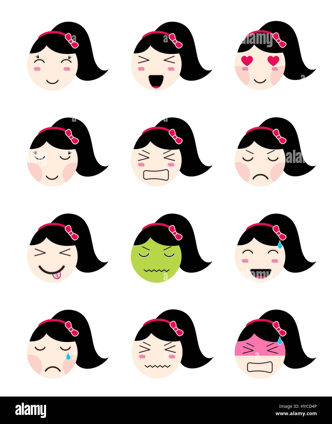 Cute collection emoji. Kawaii asian girl face à différentes humeurs Illustration de Vecteur