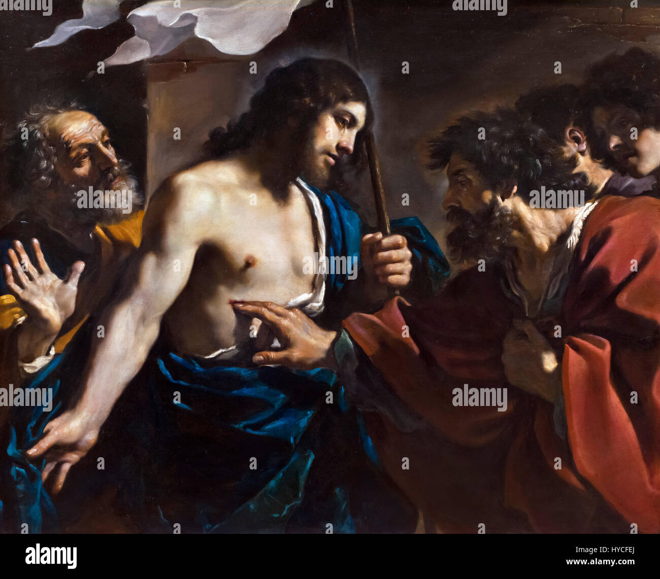 Il doute de Thomas. "L'incrédulité de Saint Thomas' par le Guerchin (Giovanni Francesco Barbieri : 1591-1666), huile sur toile, 1621. Thomas touche les blessures du Christ. Banque D'Images