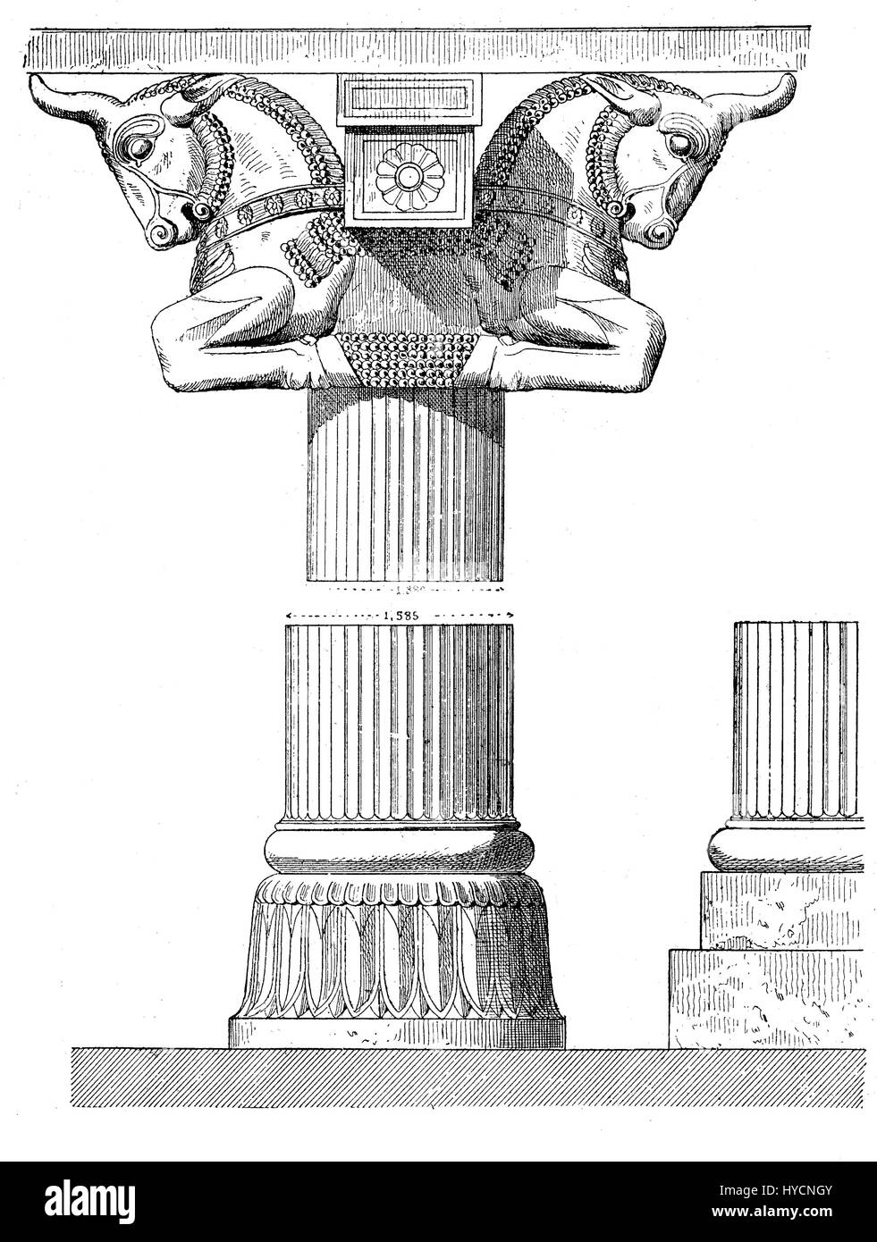 Détail de la colonne et de la capitale du roi palais dans le style assyrien dans Persepolin, Iran, gravure d'époque Banque D'Images