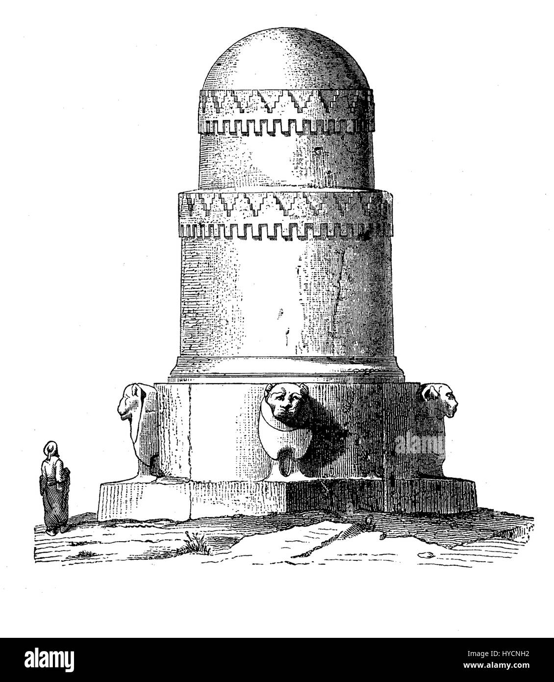 Gravure d'époque d'un antique tombeau cylinndrical phénicienne sur la côte méditerranéenne à l'Amrit centre archéologique en Syrie. Banque D'Images