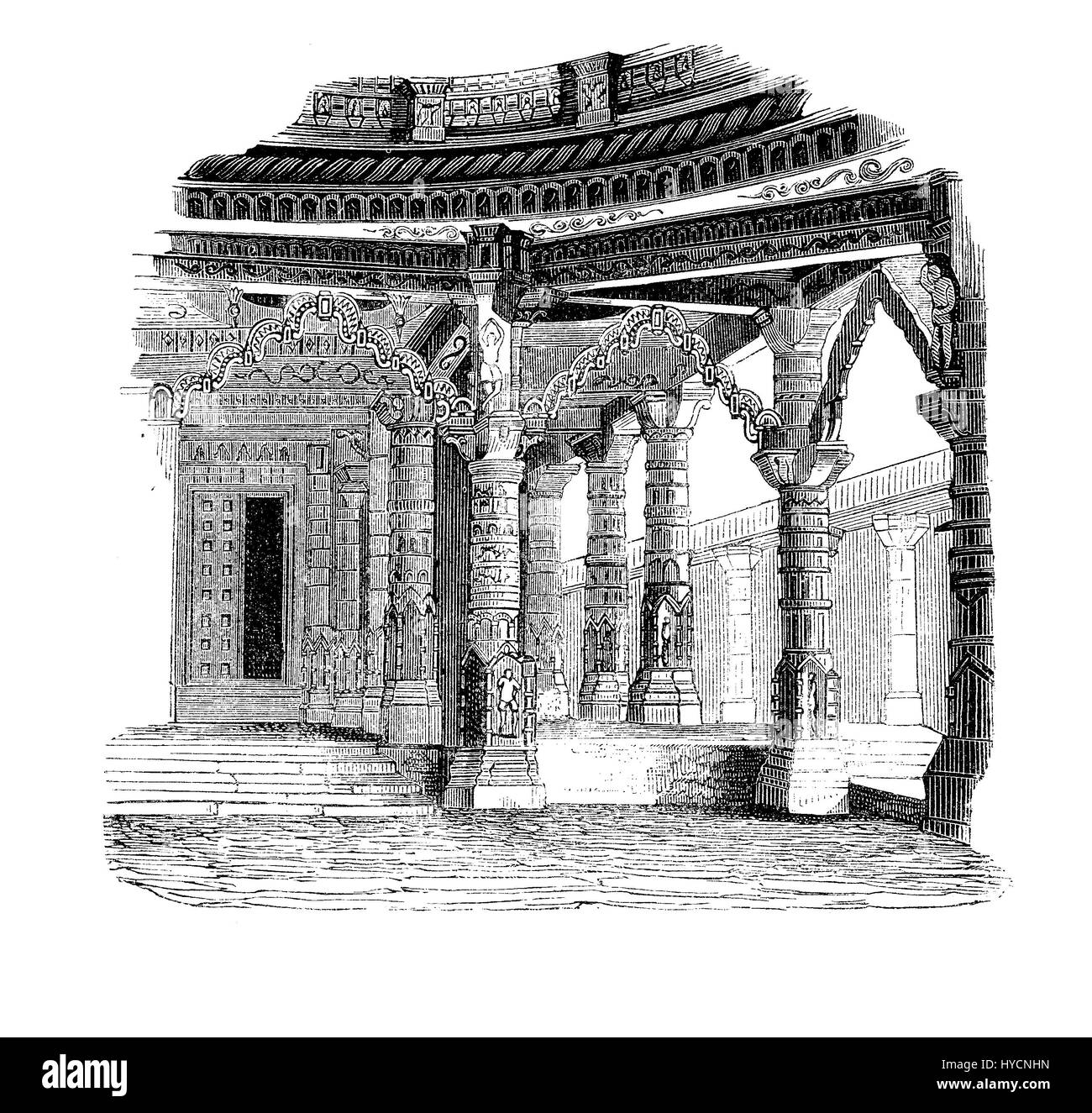 Gravure d'époque du Temple de Vimala Sah sur le mont Abu au Rajasthan - Inde avec des colonnes en marbre blanc sculpté élaborée, les voûtes et les plafonds de la perfection architecturale . Banque D'Images