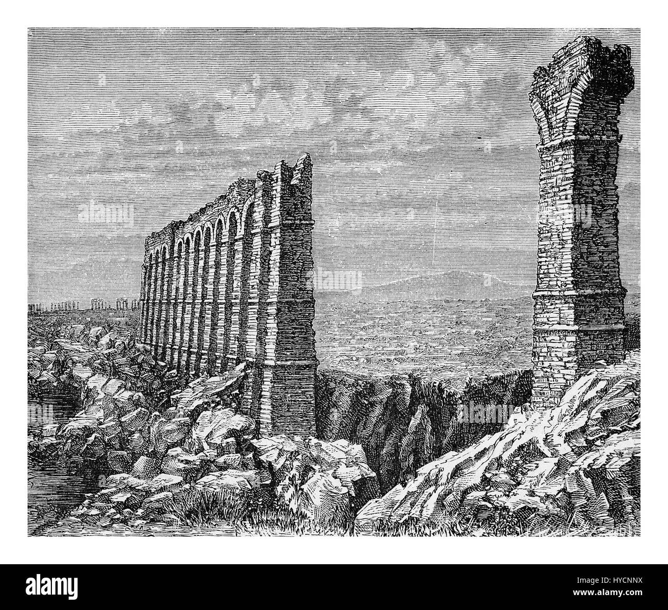 Ruines de l'ancien aqueduc de Carthage, l'un des plus plus longue de l'empire romain, la gravure du xixe siècle Banque D'Images