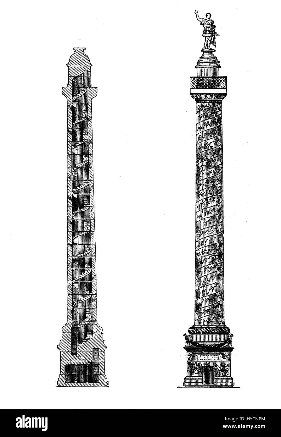 Vintage gravure de l'empereur Trajan à Rome la colonne triomphale commémorant la victoire dans la guerre des Daces, avec le célèbre bas-relief en spirale et un escalier à l'intérieur Banque D'Images