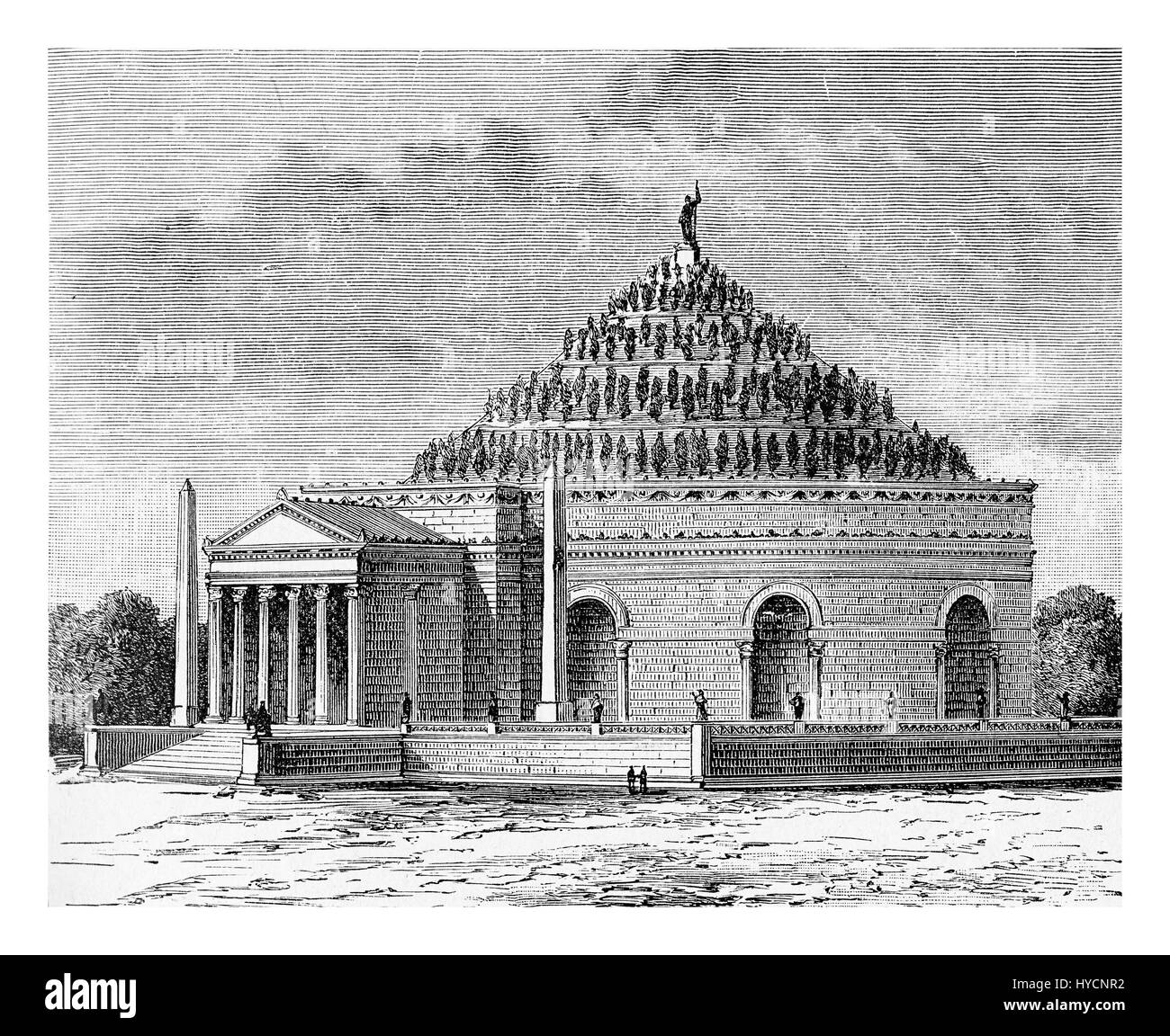 XIX siècle gravure décrivant la façon dont pourrait avoir été le mausolée d'Auguste à Rome dans l'antiquité de cyprès sur le dessus de l'édifice circulaire et sur le dessus une statue d'Auguste. Banque D'Images