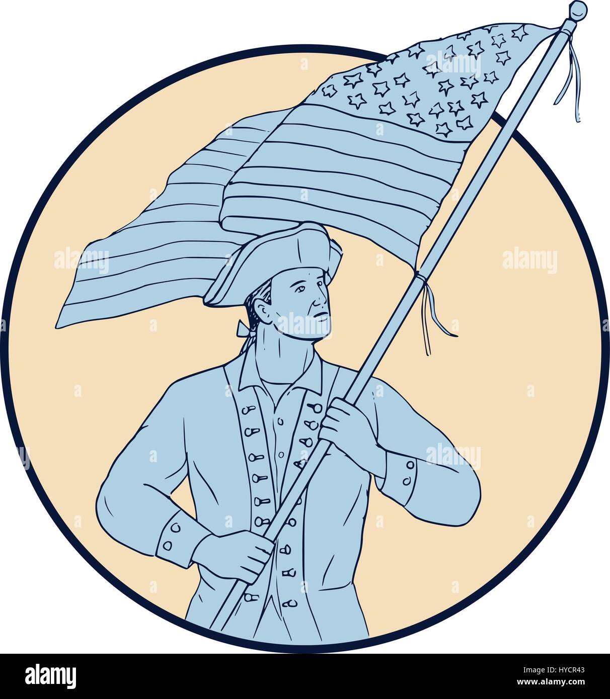 Style croquis dessin illustration d'un patriote américain transportant en agitant le drapeau usa à côté de la vue de l'avant ensemble à l'intérieur du cercle. Illustration de Vecteur