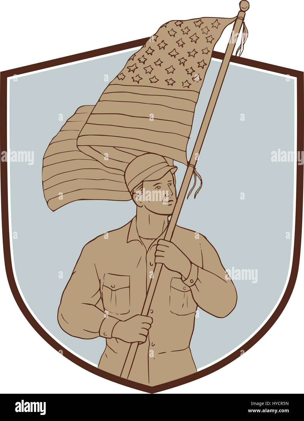Croquis dessin illustration de style militaire, un soldat américain forme holding usa flag à côté de l'écran à l'intérieur set crest isolées sur des ba Illustration de Vecteur