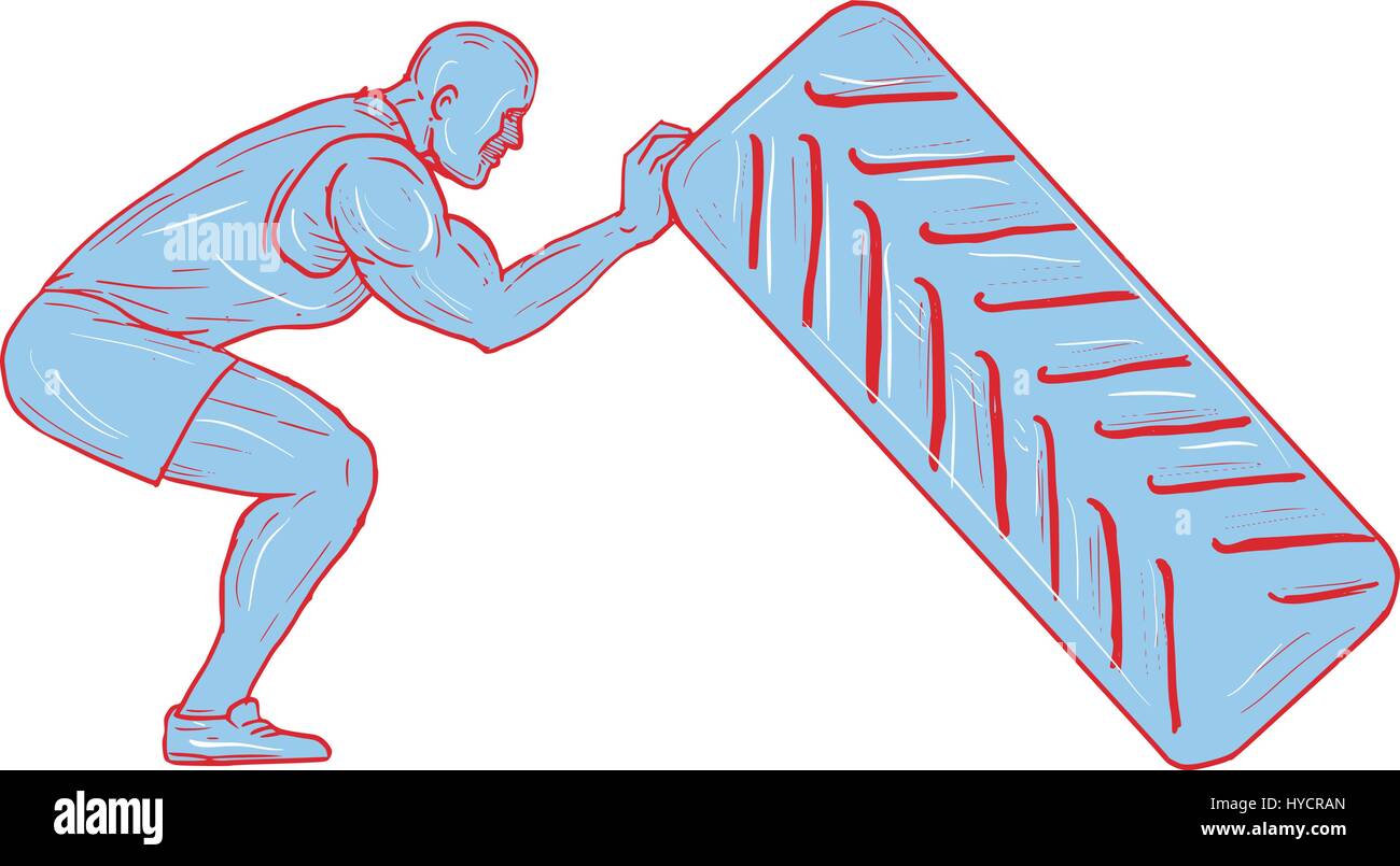 Croquis dessin illustration style de travail d'un athlète sur les genoux pliés poussant Pneu arrière vu du côté situé sur fond blanc isolé. Illustration de Vecteur
