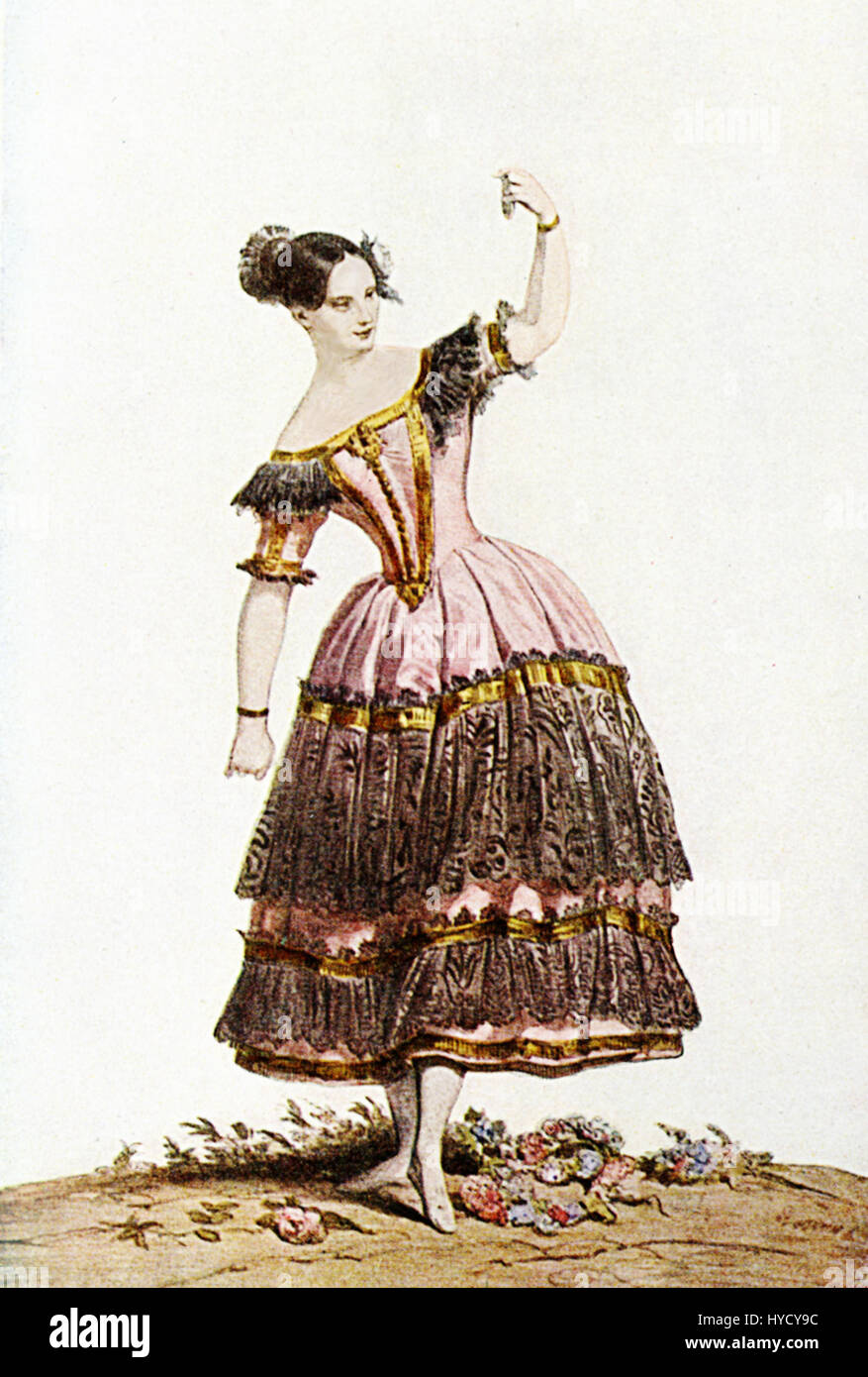 Magnifique portrait de danseuse autrichienne Fanny Essler (1810-1884) portant un costume espagnol ballet, l'illustration du livre XIX siècle Banque D'Images