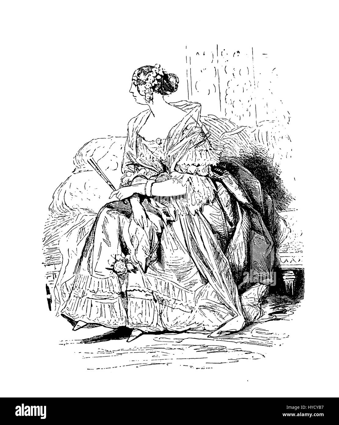 Début des 800 gravure de jeune dame à ennuyer espression assis sur un canapé avec fantaisie robe, coiffure tendances, châle et ventilateur Banque D'Images