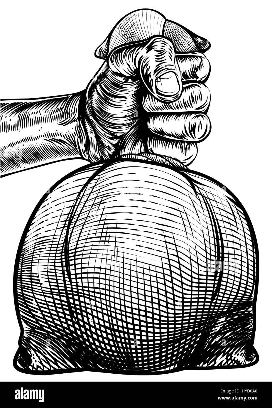 Main tenant un sac de jute ou de l'argent dans un sac ou gravé bois gravé cut vintage retro style Banque D'Images