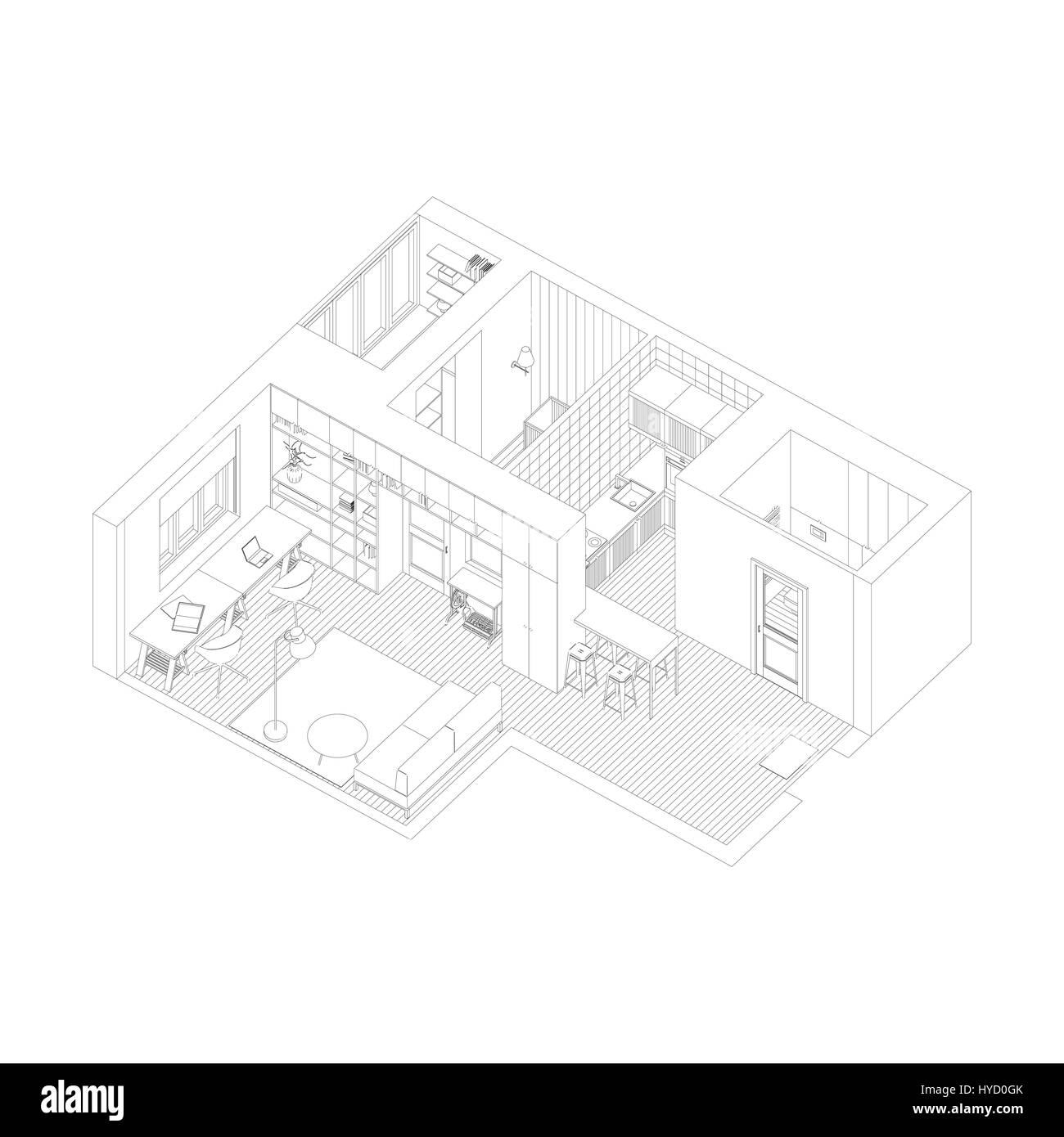 Le dessin des lignes de l'intérieur de l'isométrique appartement. Illustration de Vecteur