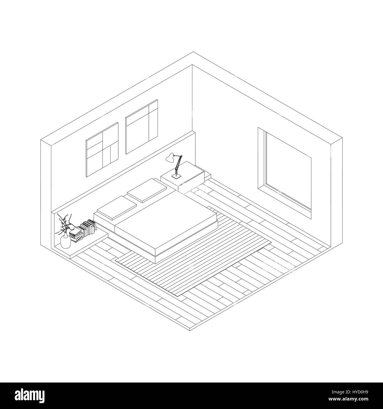 Dessin tiré de l'intérieur de chambre à coucher. Vue isométrique. Illustration de Vecteur