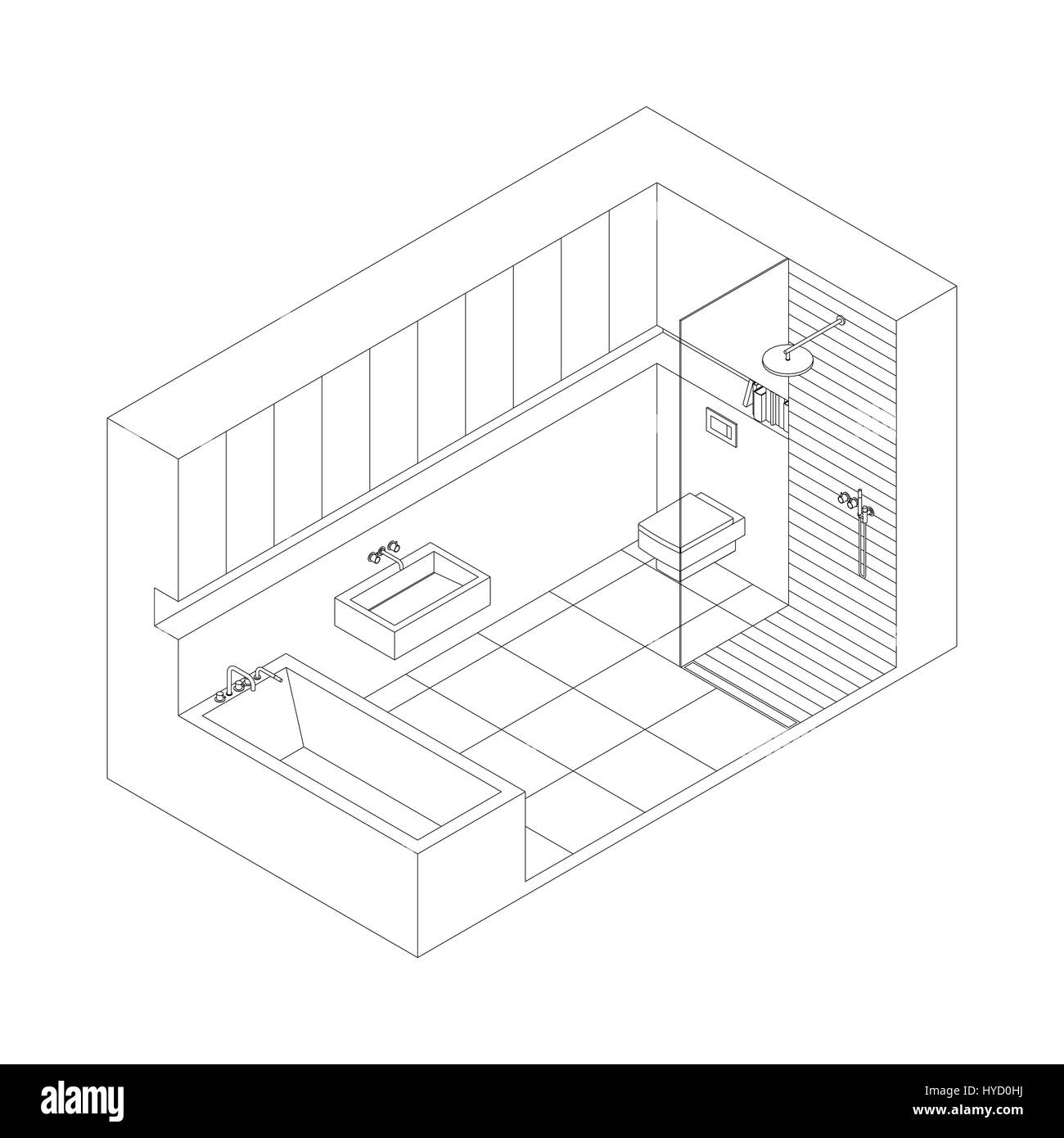 Dessin tiré de l'intérieur d'une salle de bains privative. Vue isométrique Illustration de Vecteur