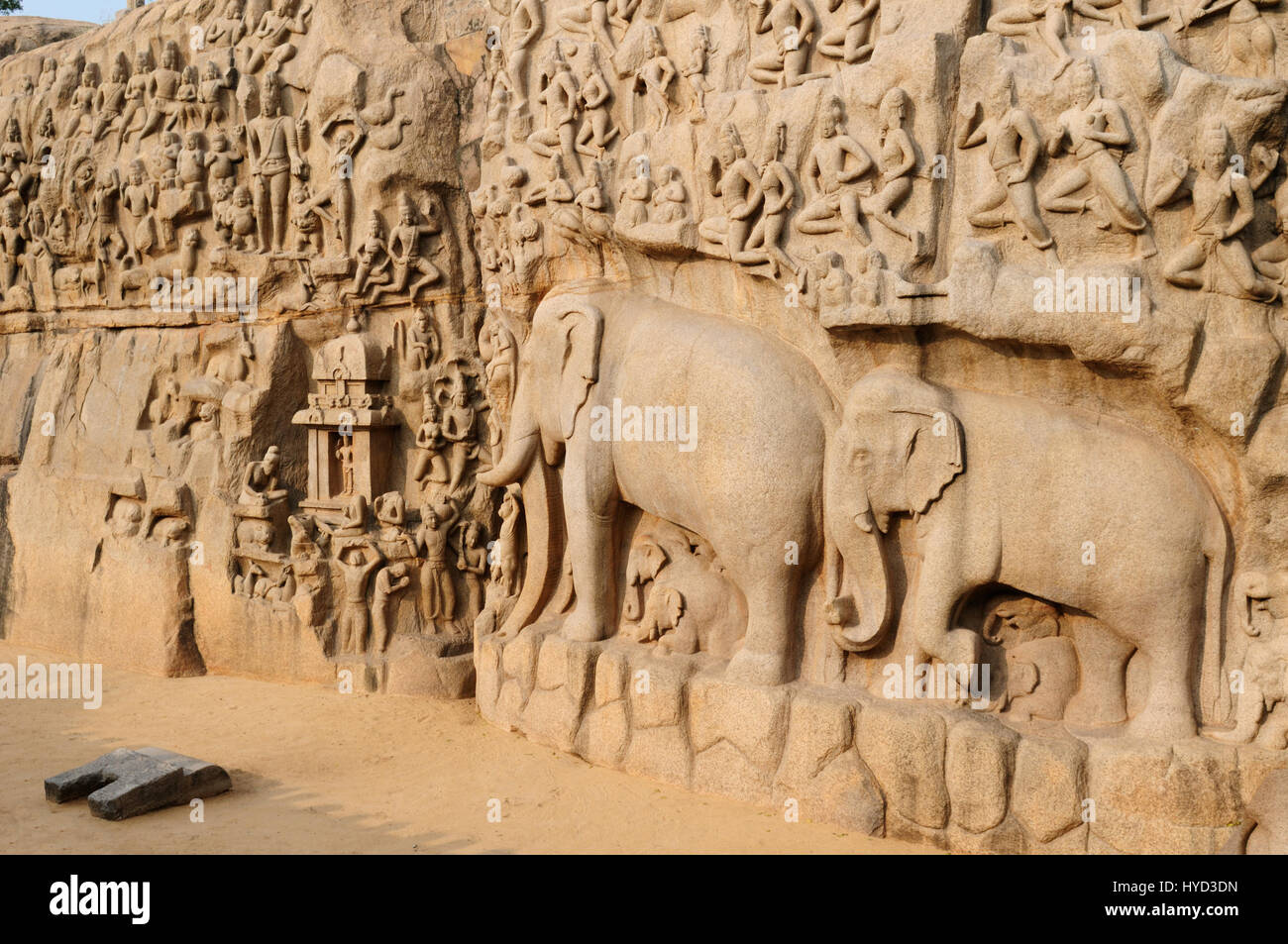 La plus grande basse-relief en pierre sur le mot - dans l'Arjunas Mahabalipuram, Tamil Nadu, Inde Banque D'Images