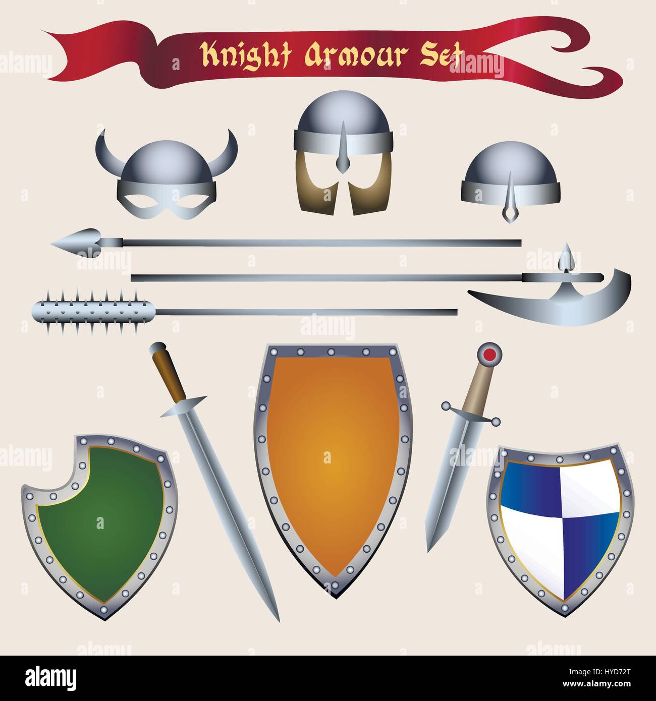 Tournoi médiéval accessoires et éléments d'armure de chevalier. Vector illustration dans un style de dessin animé. Illustration de Vecteur