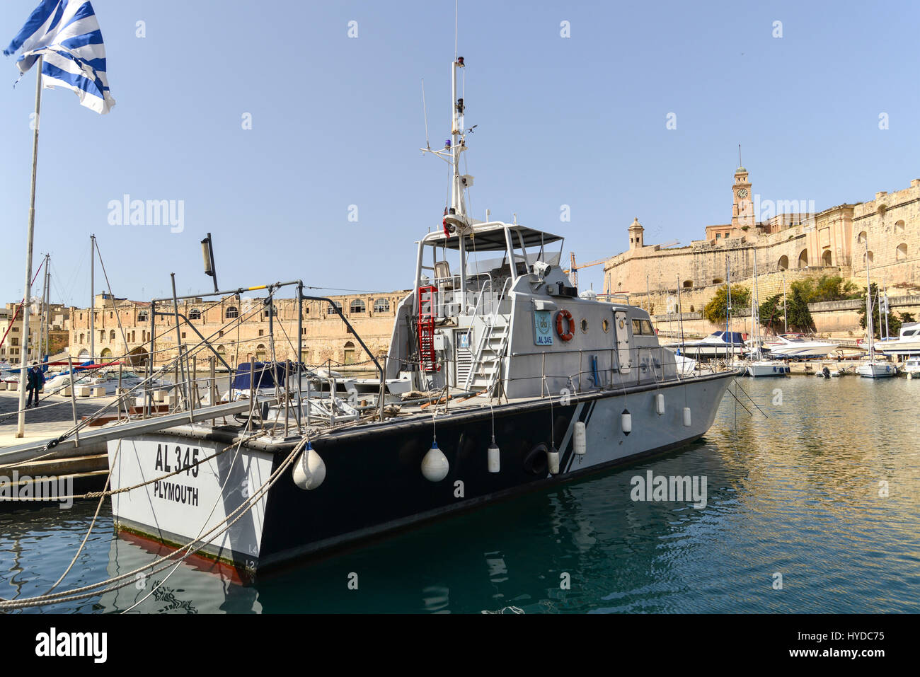 AL345 le bateau de patrouille amarré au quai de Birgu, La Valette, Malte Banque D'Images