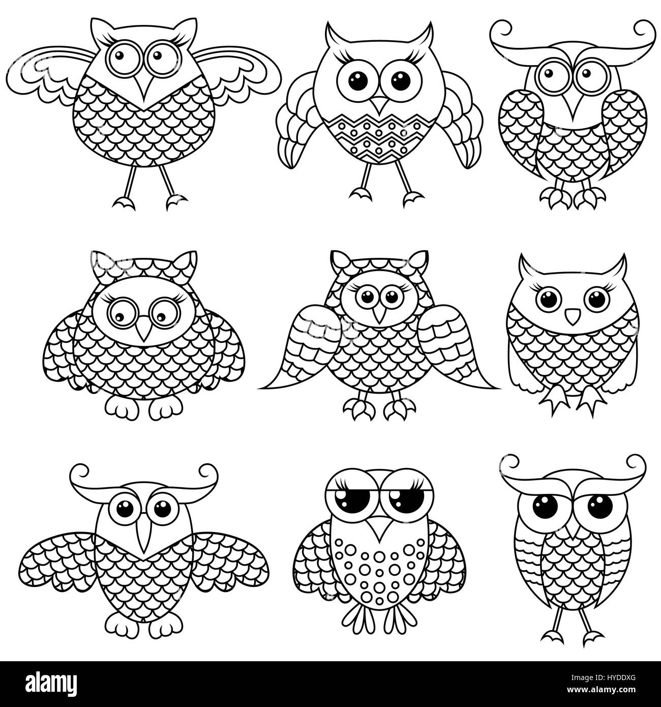 Ensemble de neuf dessins stylisés funny ornementé hibou décrit avec de grands yeux isolé sur le fond blanc, vector illustration Illustration de Vecteur