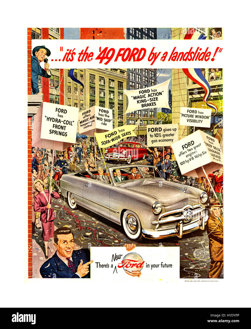 Retro Vintage des années 1940 affiche publicitaire automobile Ford Ford d'après-guerre 1949 publicité "c'est la Ford '49 Ford par un glissement !' Location de matériel promotionnel Affiche publicitaire Banque D'Images