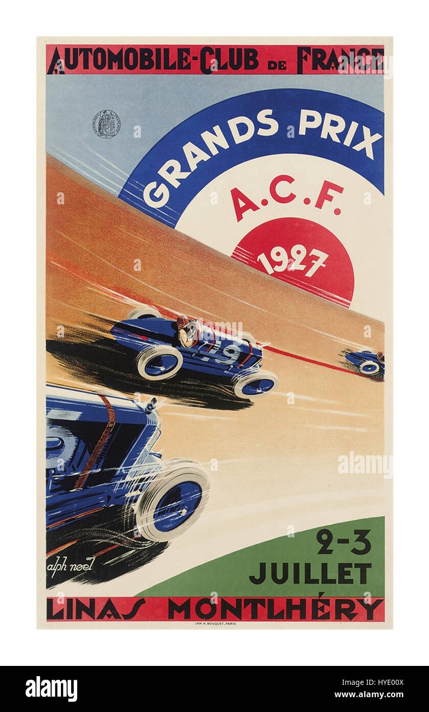 Course de moto vintage Poster 1927 Grand Prix Grand Prix de France à Montlhery. lithographie en couleurs, 1927, imprimé par H.Bouquet, Paris, Banque D'Images