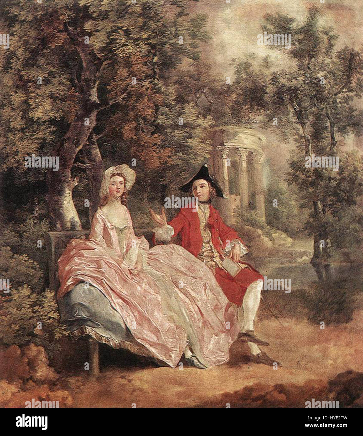 « Conversation dans un parc » représente une scène sociale dans un parc, où deux personnages ou plus s’engagent dans une conversation. La peinture reflète une atmosphère calme et tranquille, capturant l'essence de la vie sociale dans un espace public pendant la période. Banque D'Images