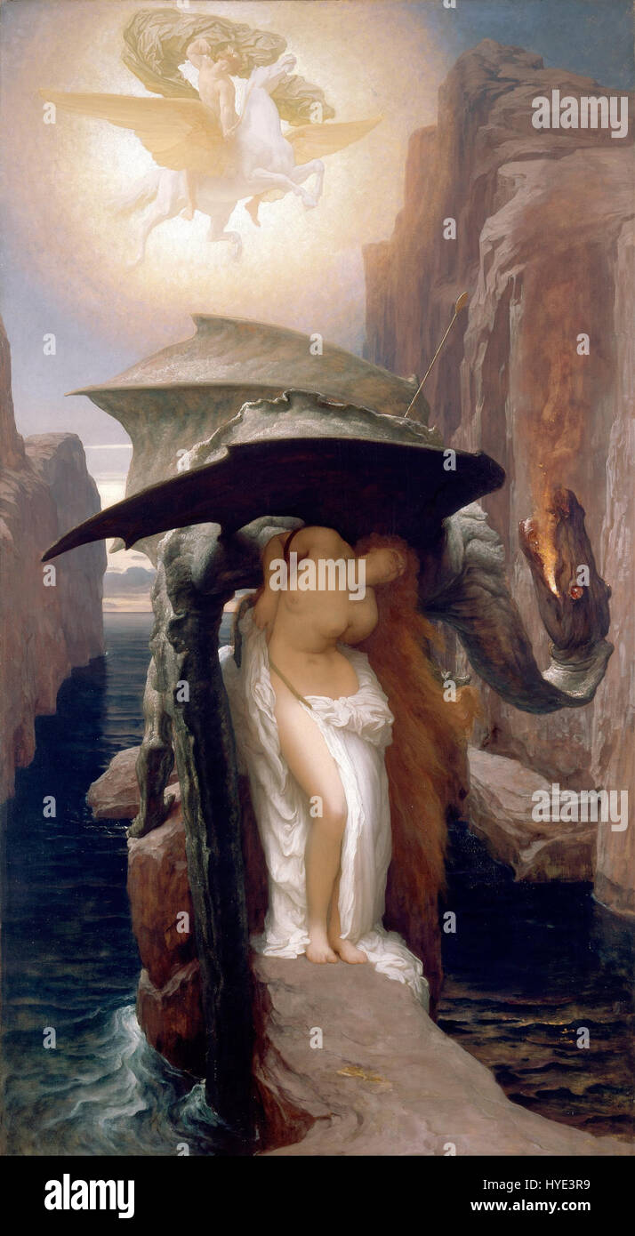 Persée et Andromède de Frédéric, Lord Leighton dépeint l'histoire mythologique de Persée sauvant Andromède d'un monstre marin. La peinture à l'huile capture le moment dramatique avec une utilisation habile de la lumière et des figures classiques. Banque D'Images