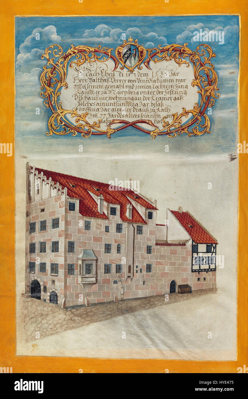 La résidence de Nuremberg de la famille Derrer de Georg Strauch est une peinture historique représentant la résidence de Nuremberg, mettant l'accent sur la famille Derrer. L’œuvre donne un aperçu de la vie de la famille et des caractéristiques architecturales de leur maison au XVIe siècle. Banque D'Images