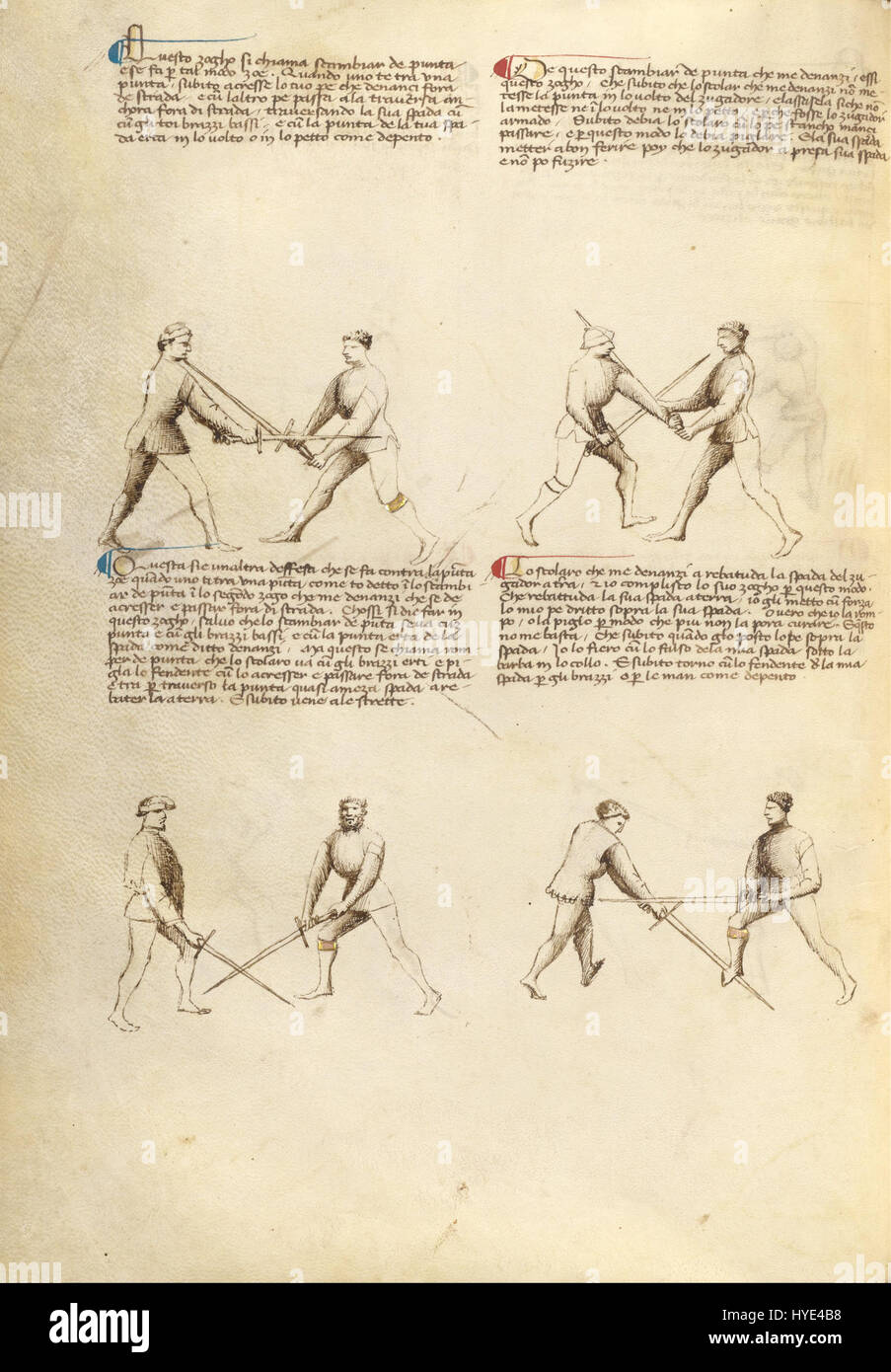 Le manuscrit 'Fiore dei Liberi combat with Sword' trouvé dans Getty M.S. Ludwig XV 13 26v, présente des illustrations détaillées des techniques médiévales de combat à l'épée. Le manuscrit donne un aperçu des arts martiaux historiques, avec des représentations précises de diverses positions et mouvements de combat. Banque D'Images