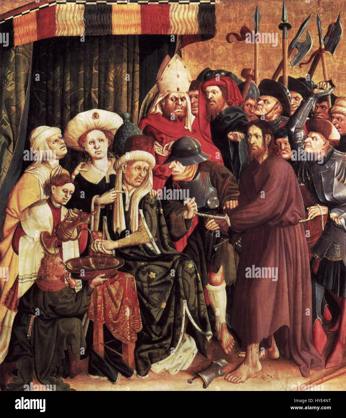 Le Christ avant Pilate de Hans Multscher décrit le moment charnière de la tradition chrétienne lorsque Jésus est amené devant le gouverneur romain, Ponce Pilate. La peinture reflète le drame et l'intensité de cette scène religieuse. Banque D'Images