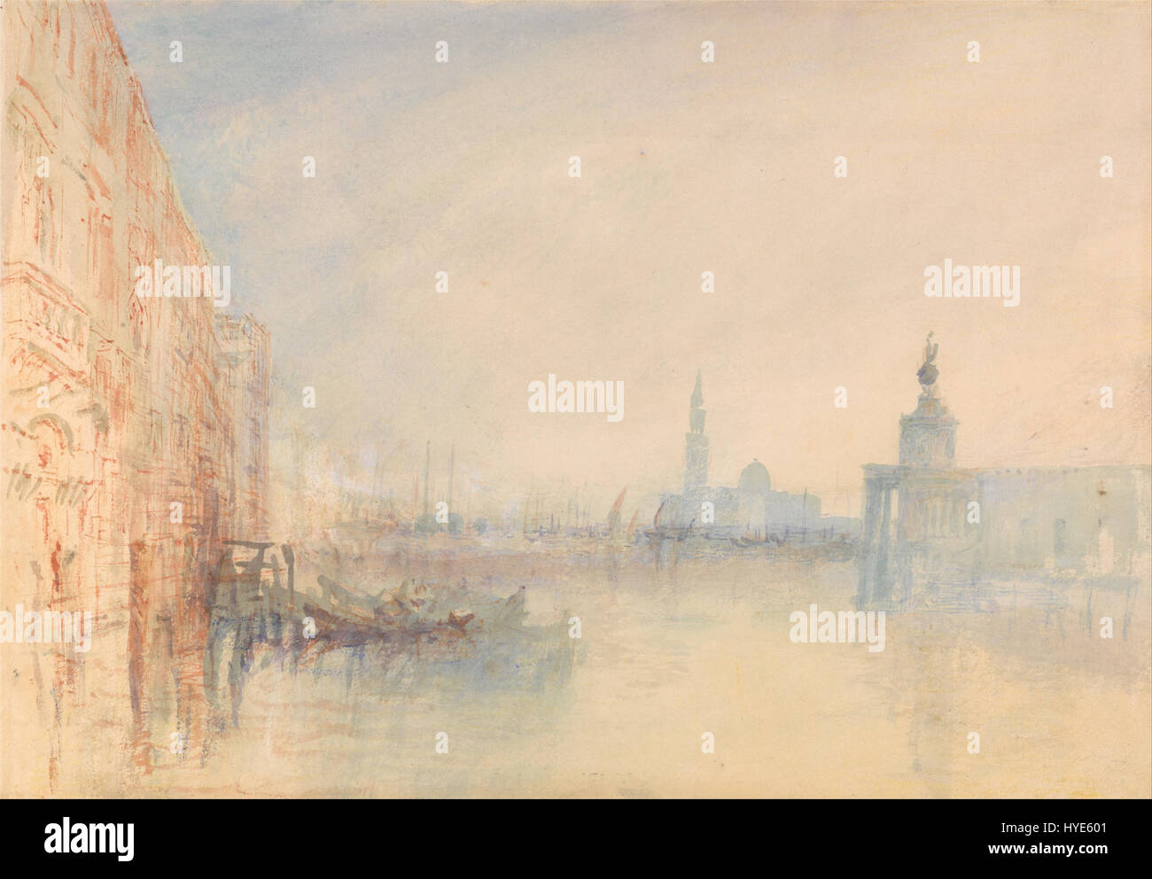 « L'embouchure du Grand canal, Venise » de Joseph Mallord William Turner dépeint l'emblématique canal vénitien avec sa lumière et son traitement atmosphérique caractéristiques. Connu pour son approche romantique des paysages, Turner a capturé le mouvement dynamique de l'eau, la grandeur de Venise et la lumière changeante, qui caractérisent son style au début du XIXe siècle. Banque D'Images