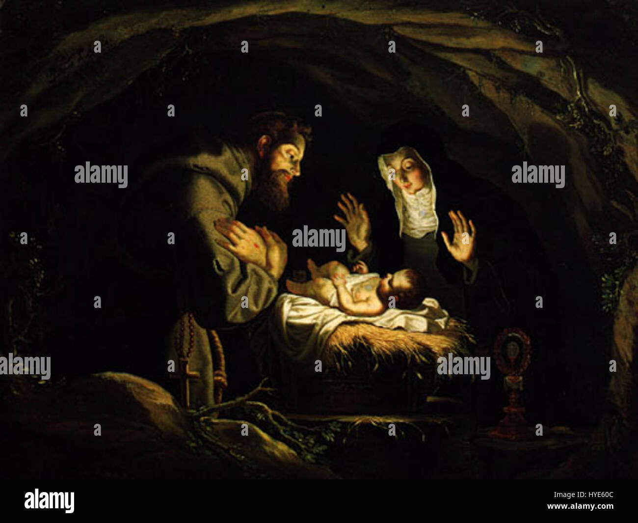 Saint François et Sainte Claire d'Assise en adoration de l'Enfant Jésus, une peinture d'un artiste inconnu, copiant une composition perdue de Gerard Seghers, un peintre flamand, avec la scène probablement reproduite d'après une estampe de Pieter de Jode. Banque D'Images