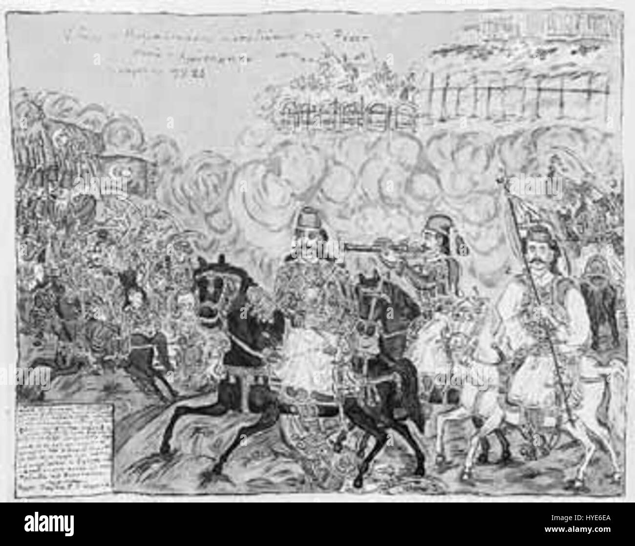 Le tableau « Karaiskakis chassant les Turcs » de Theofilos représente un moment dramatique de la guerre d'indépendance grecque, mettant en valeur l'héroïsme du général grec Karaiskakis dans sa poursuite des forces ottomanes. Banque D'Images