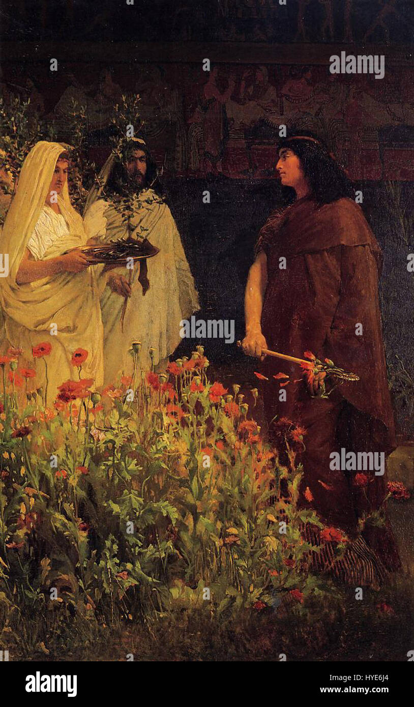 Les œuvres de Lawrence Alma-Tadema représentaient souvent des scènes de l'Antiquité classique, mettant l'accent sur la beauté raffinée et le luxe des sociétés romaines et grecques. Son attention méticuleuse aux détails architecturaux et aux figures est évidente dans cette pièce, capturant un moment d'élégance historique. Banque D'Images