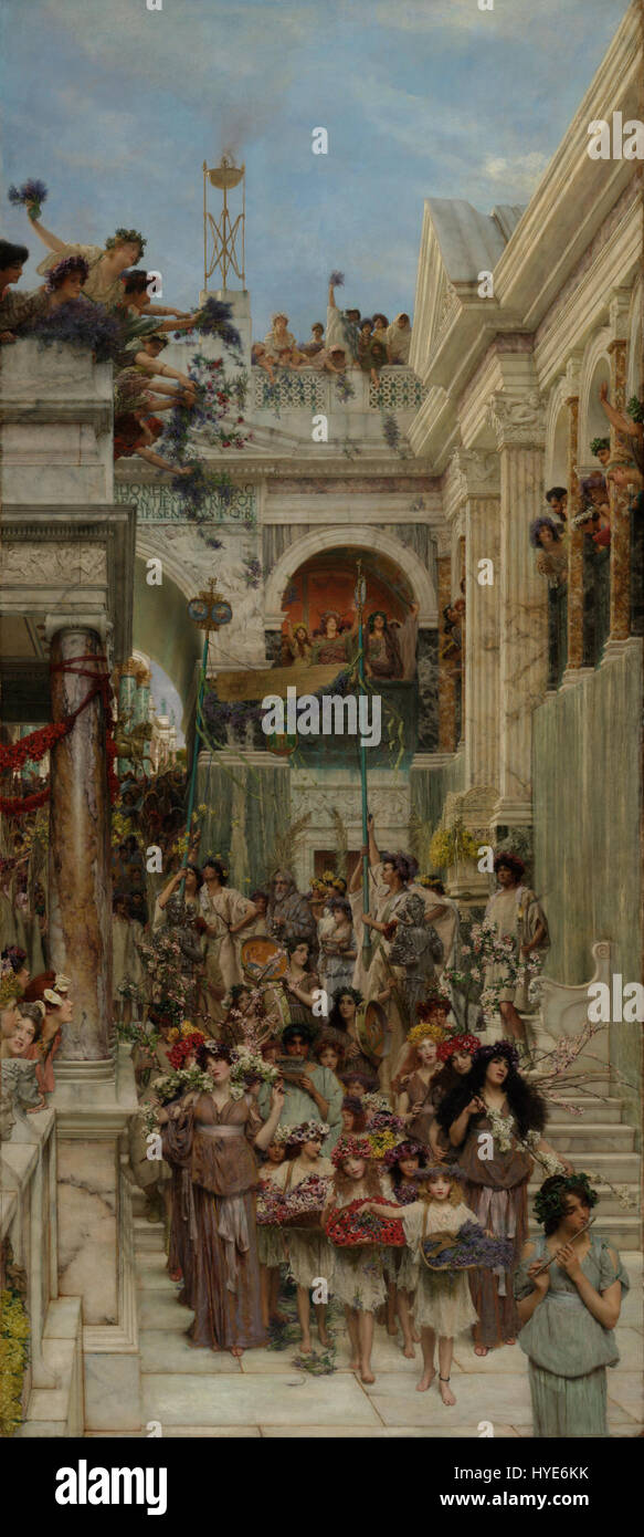 'Spring' de Lawrence Alma-Tadema dépeint un moment serein de beauté dans l'antiquité classique. Connu pour ses représentations détaillées du monde antique, Tadema capture la beauté intemporelle de la nature à travers des couleurs vibrantes et des textures fines. Banque D'Images