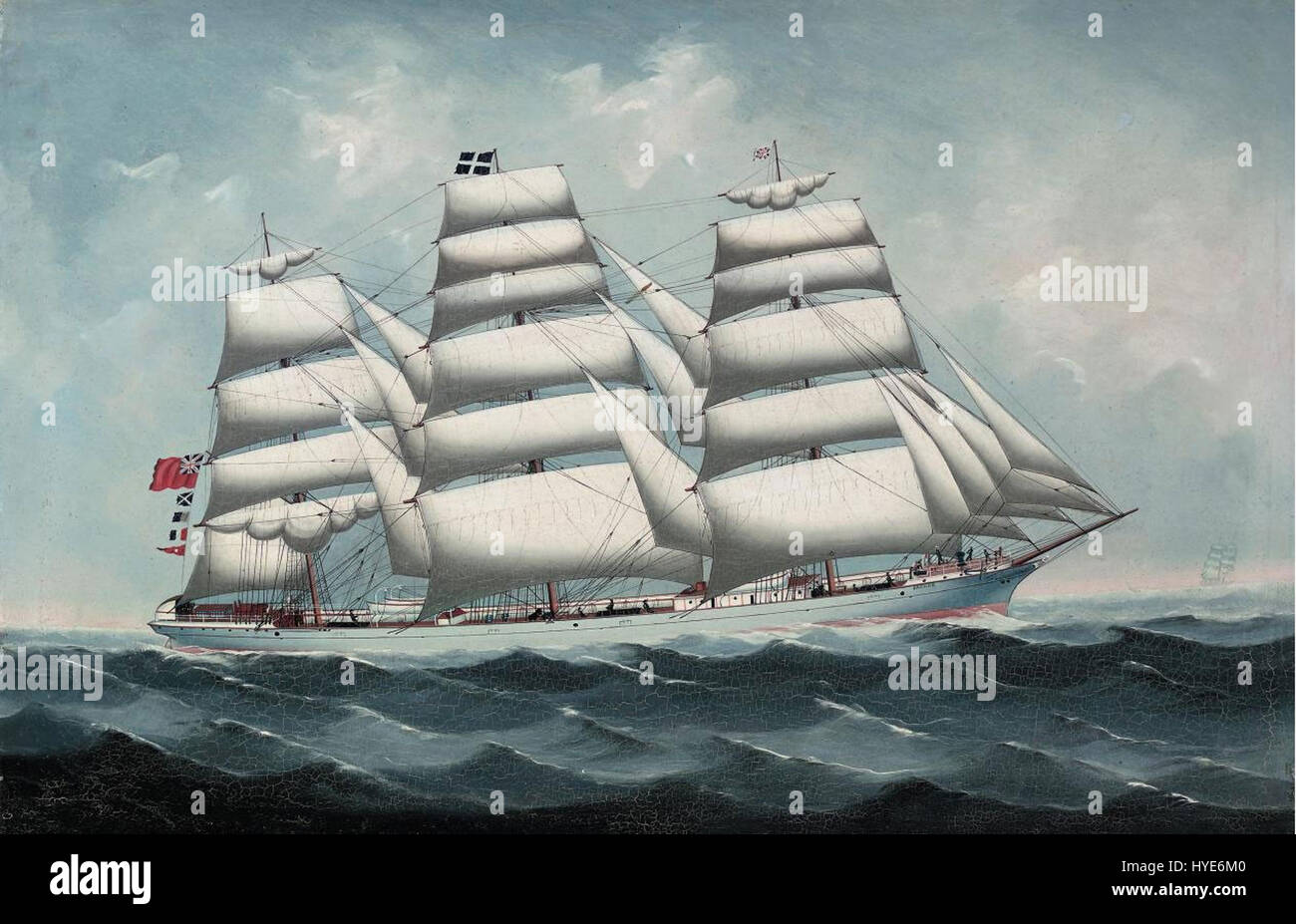 « The British Steel Full Rigger Brenda in Full Sail » de Lai Fong est une représentation détaillée du navire britannique « Brenda » naviguant sous plein vent. La peinture souligne la puissance maritime du navire et l’importance des voiliers au XIXe siècle. Banque D'Images