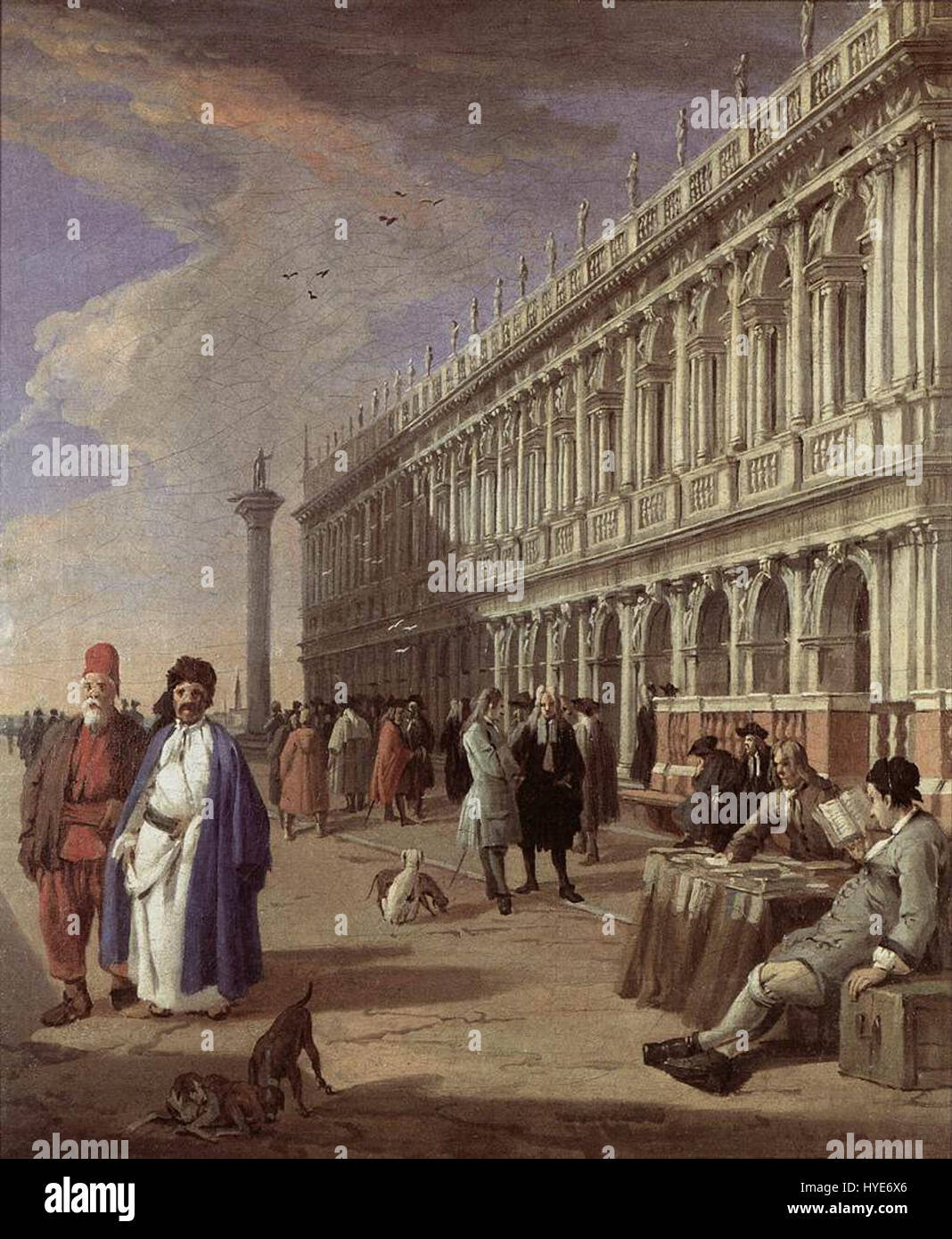 Luca Carlevarijs 'la Piazzetta et la bibliothèque' est une peinture de paysage vénitienne représentant l'emblématique Piazzetta San Marco et la bibliothèque de tous Mark. L'œuvre d'art met en valeur l'architecture vénitienne classique et la vie urbaine animée au XVIIIe siècle. Banque D'Images