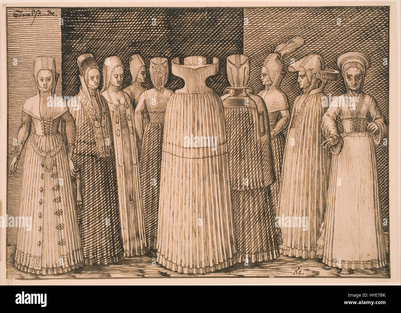 « Dix femmes de Stralsund » de Melchior Lorck est une série de portraits représentant des femmes de la ville de Stralsund dans le nord de l'Allemagne. L'œuvre met en valeur leur tenue distinctive et la culture locale, offrant un aperçu de la vie du XVIe siècle dans cette ville allemande. Banque D'Images