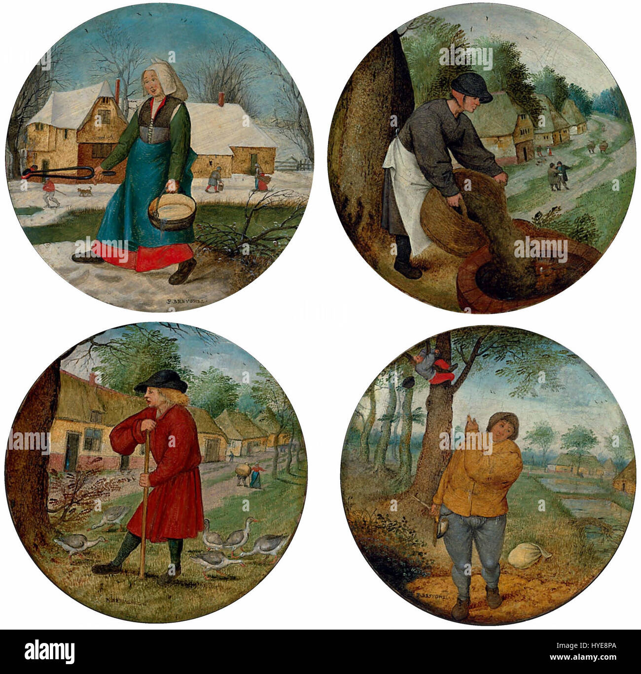 Vier spreekwoorden (quatre proverbes) de Pieter Brueghel de Jonge est une peinture représentant quatre proverbes hollandais, chacun représenté à travers des scènes remplies de représentations symboliques. L'œuvre reflète la maîtrise de Brueghel à combiner la vie quotidienne avec des leçons de morale. Banque D'Images