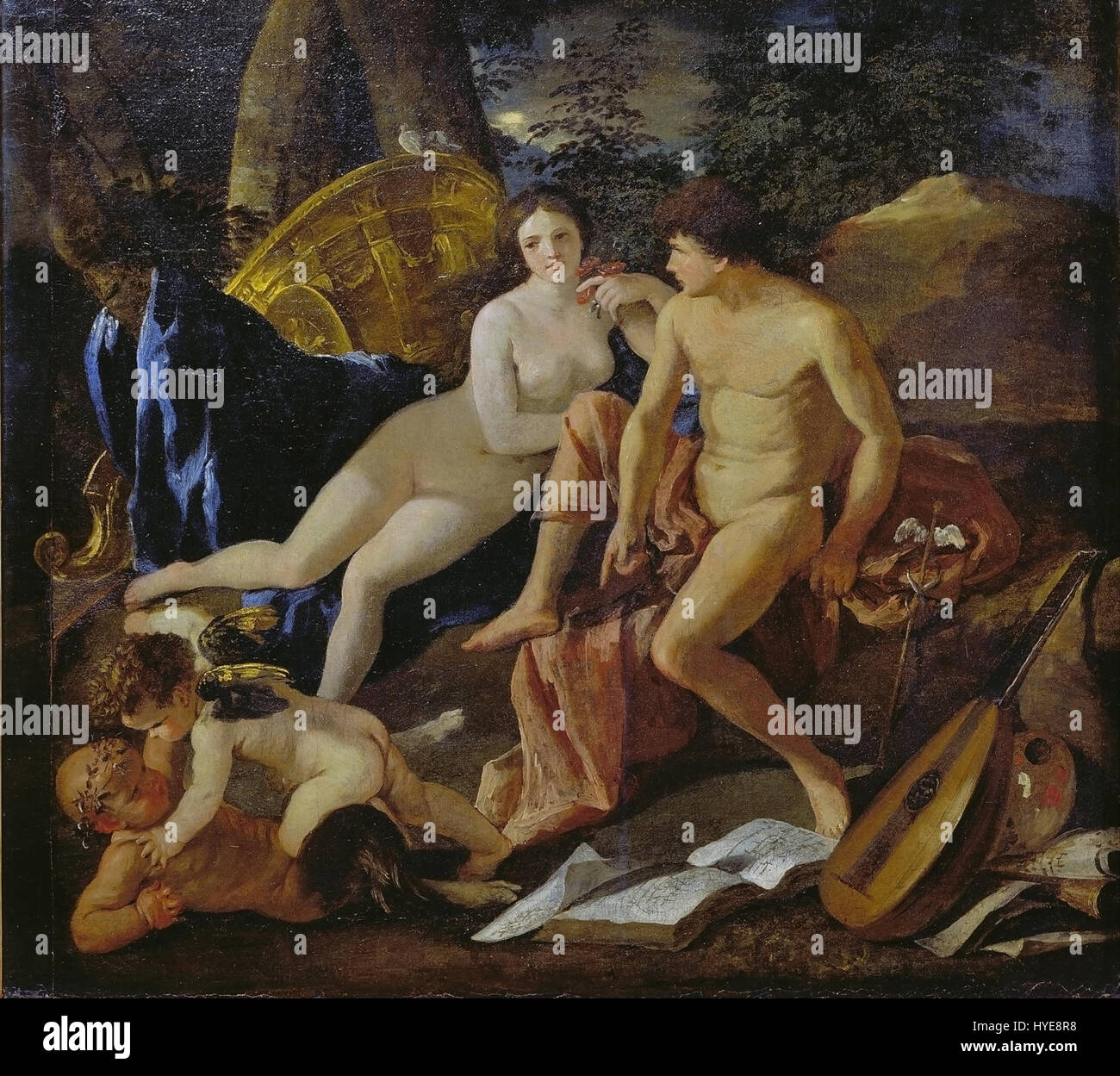 Vénus et Mercure de Nicolas Poussin est une peinture baroque qui représente les figures mythologiques Vénus, la déesse de l'amour, et Mercure, le Dieu messager. La peinture est un bel exemple du style classique de Poussin, mettant l'accent sur les thèmes de la mythologie et de l'interaction divine. Banque D'Images