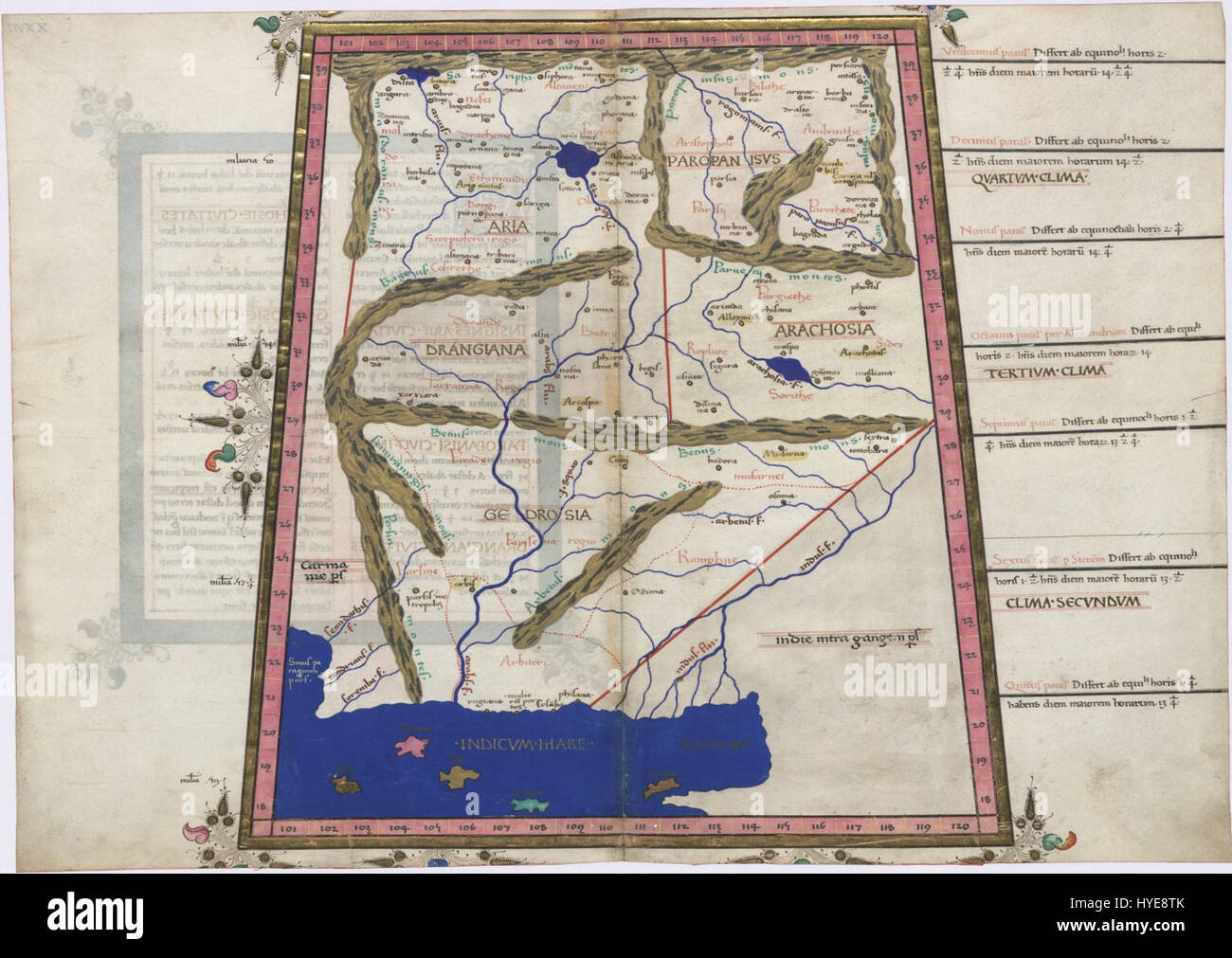 La Cosmographia de Ptolémée 1467 est une carte ou une œuvre de l'ancien géographe Ptolémée, qui inclut des références à des régions telles que le Pakistan et l'Afghanistan actuels. Ce morceau de cartographie historique met en valeur la compréhension géographique de l'époque et les zones qu'elle couvrait. Banque D'Images