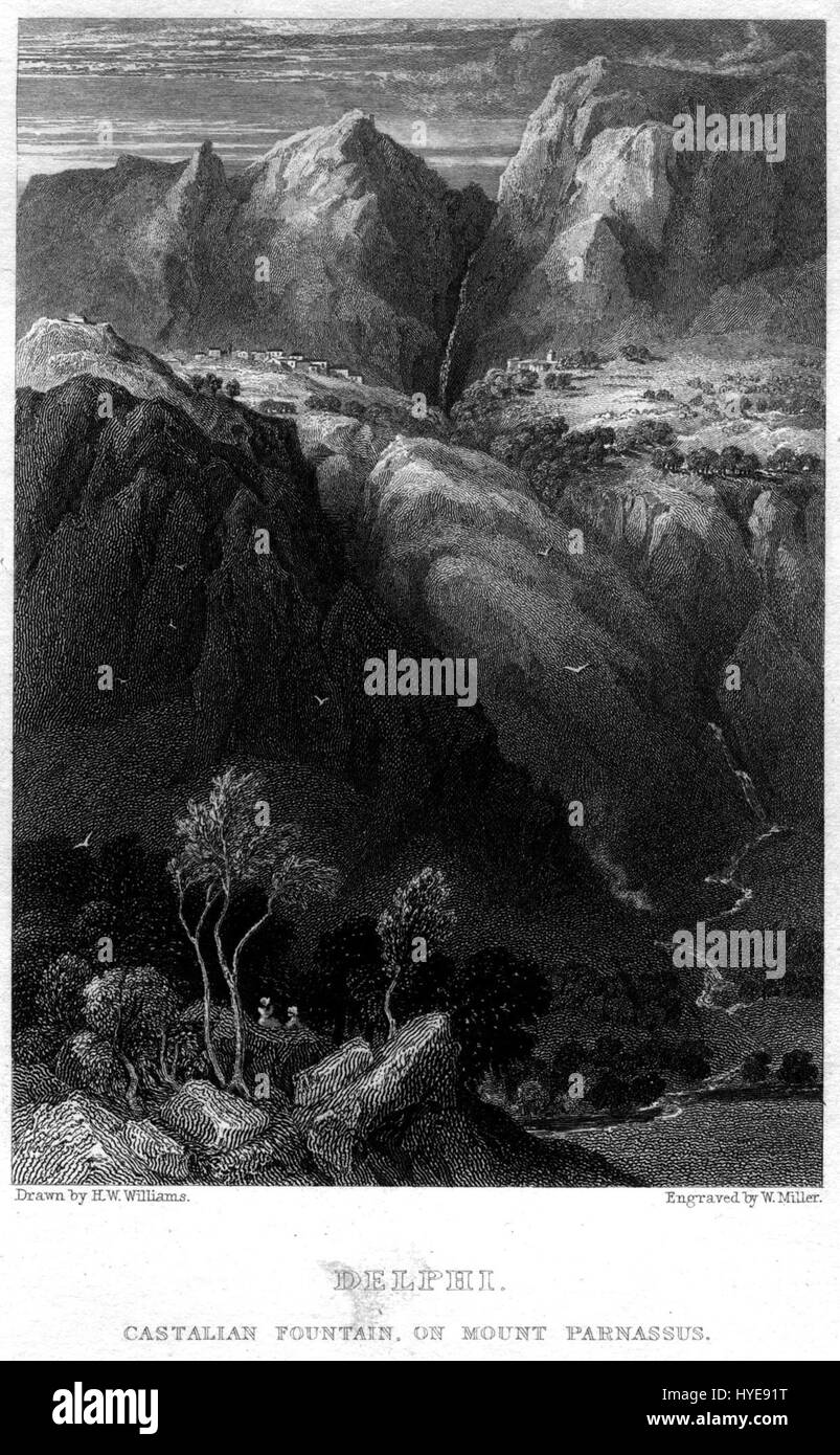 Cette gravure représente la fontaine castalienne sur le mont Parnasse, un site sacré dans la mythologie grecque associé à Apollon et aux Muses. L'image, créée par William Miller d'après H.W. Williams, capture l'importance historique et mythique de l'emplacement. Banque D'Images
