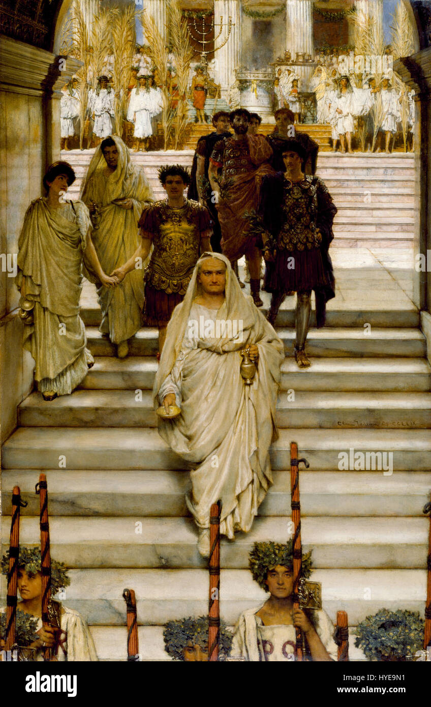 *Le triomphe de Titus*, peint par Sir Lawrence Alma-Tadema, représente l’empereur romain Titus revenant victorieux de ses campagnes. La représentation détaillée montre la maîtrise d’Alma-Tadema dans le rendu de scènes historiques, combinant architecture classique et triomphes militaires romains. Banque D'Images