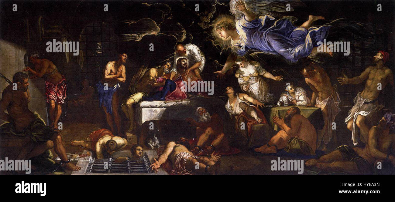 Roch in prison Visit by an Angel (1567) de Jacopo Tintoretto représente la figure religieuse de Roch, emprisonnée et visitée par un ange. La peinture capture un moment d’intervention divine et de réconfort spirituel pendant le temps de souffrance de membre Roch. Banque D'Images